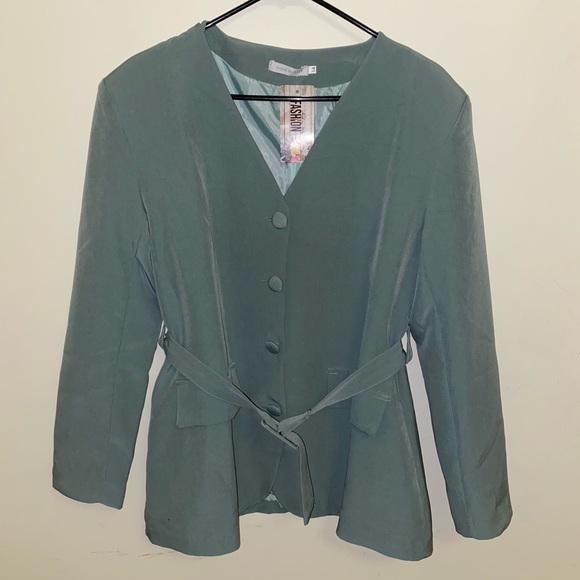 Green Belted Blazer with Buttons and Shoulder Pads - Picture 1 of 5